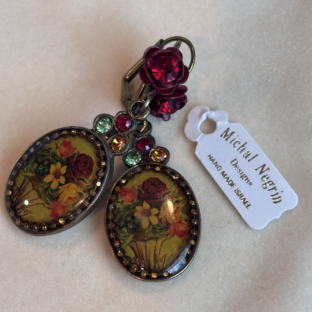 Vintage Michal Negrin Cameo Dangle Earrings Flowers Roses Crystals